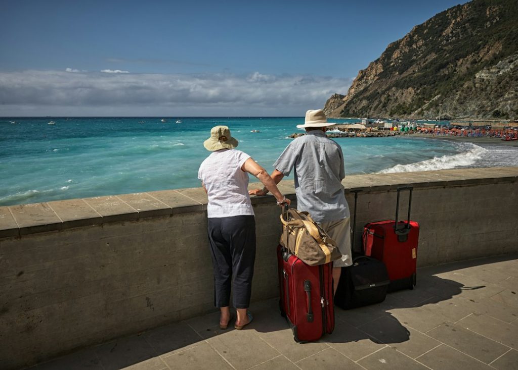 Two adults walking together on a scenic trip